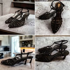 Zara Heeled Fisherman Sandals in Black Mid-height kitten heel cage sling backs